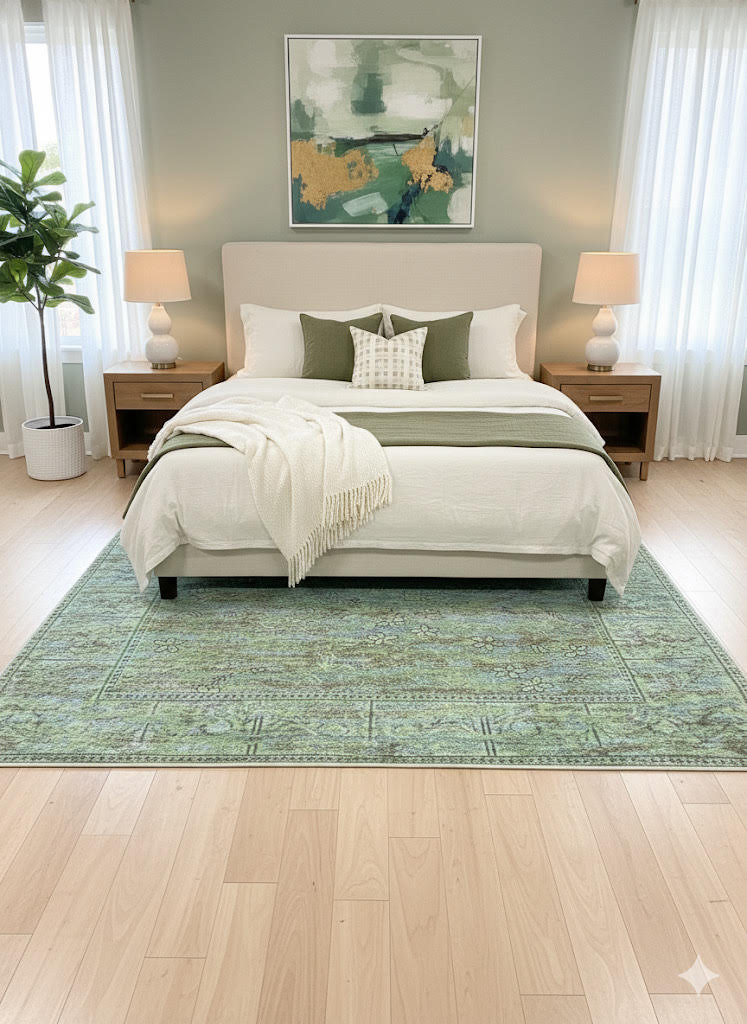 8' x 10' soft moss green vintage botanical rug placed under a bed with neutral bedding and green accent pillows in a serene bedroom setting.