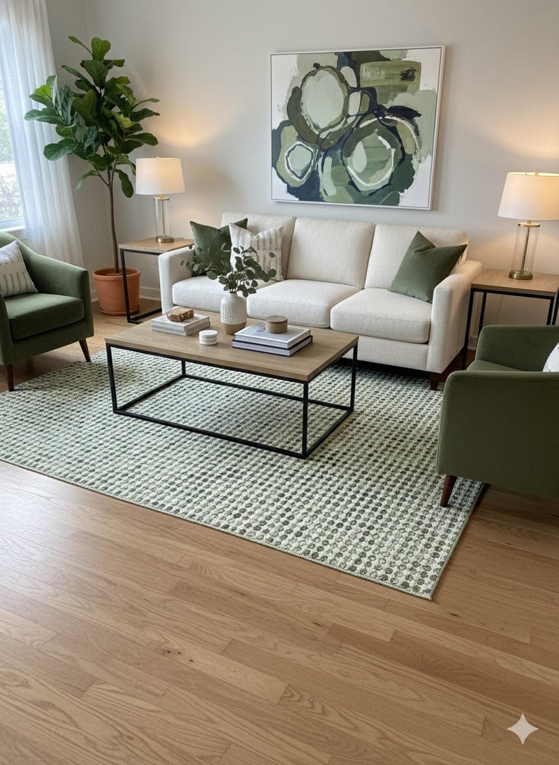 8' x 10' soft sage green washable geometric dot area rug styled in a contemporary living room with neutral seating, green accent chairs, and modern artwork.