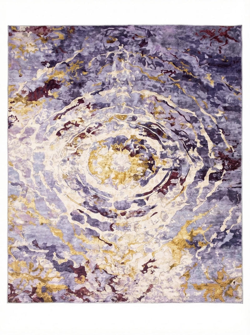 8' x 10' washable area rug featuring an abstract floral-inspired design with swirling shades of purple, ivory, and gold creating a bold artistic centerpiece.