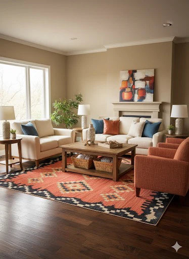 8' x 12' Coral multi-color tribal contemporary rug styled in a bright modern living room with large windows, white seating, and a minimalist coffee table.