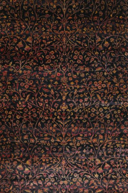 8' x 12' Dark Brown Machine Washable Traditional Area Rug displayed in a close-up view, highlighting its intricate multicolor floral and botanical pattern.