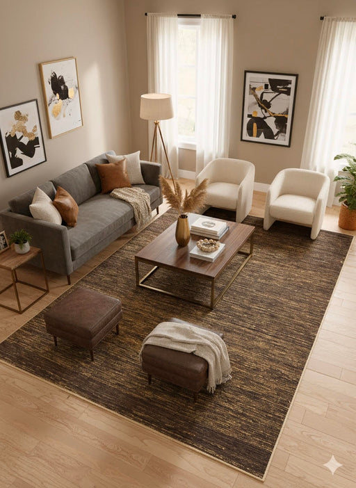 8' x 12' Deep Brown Gold Textured Modern Washable Area Rug styled in a contemporary living room.