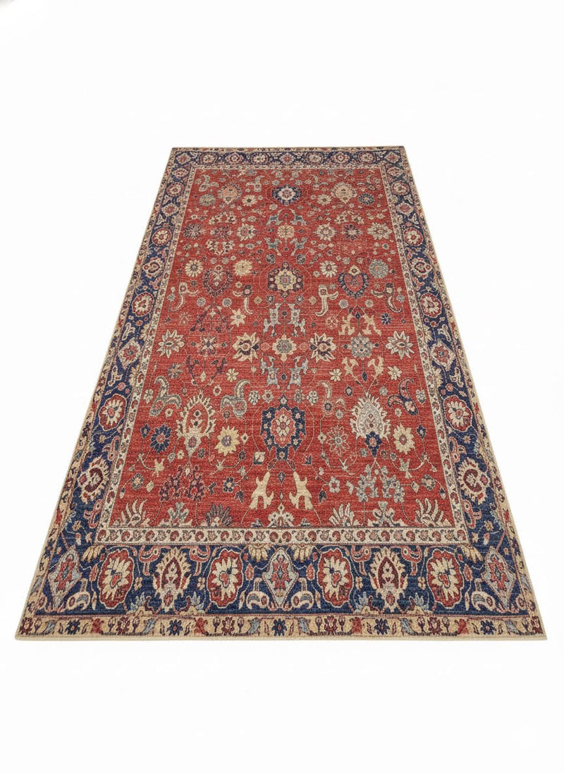 8' x 12' Multi Color Traditional Washable Area Rug displayed alone in a full flat lay view highlighting its red center field, navy border, and intricate floral traditional pattern.