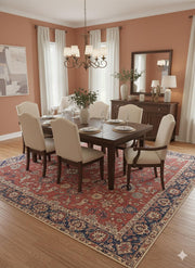 8' x 12' Multi Color Traditional Washable Area Rug placed / styled in a classic dining room beneath a dark wood dining table with upholstered chairs, chandelier lighting, and tall white curtains.
