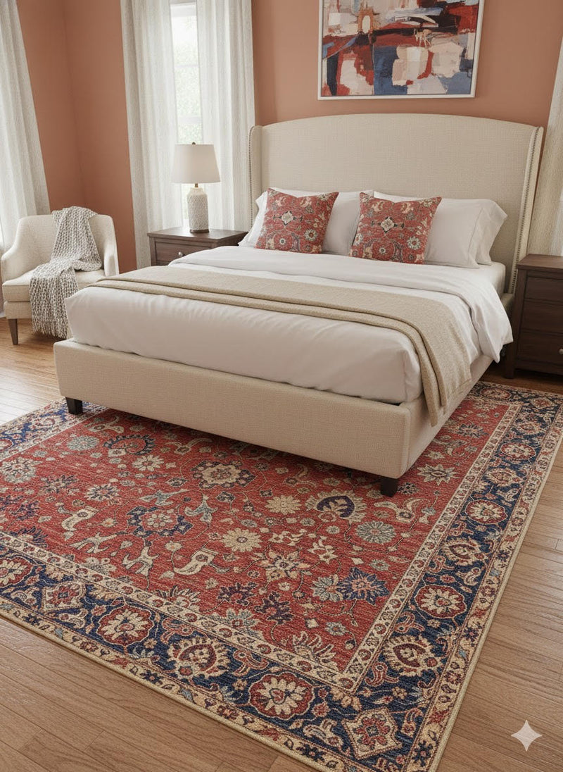 8' x 12' Multi Color Traditional Washable Area Rug placed / styled in a warm-toned bedroom under a beige upholstered bed with coral accent pillows, wood nightstands, and soft white curtains.