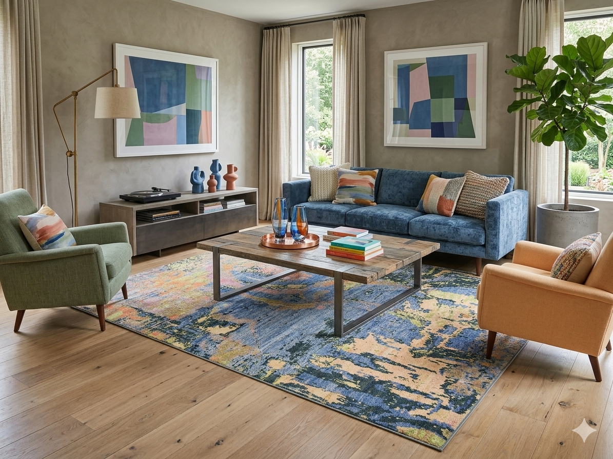 8' x 12' Rectangular Blue Gold Abstract Modern Washable Area Rug