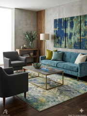 8' x 12' Rectangular Blue & Green Distressed Floral Vintage Washable Area Rug placed in a contemporary living room beneath a glass coffee table.