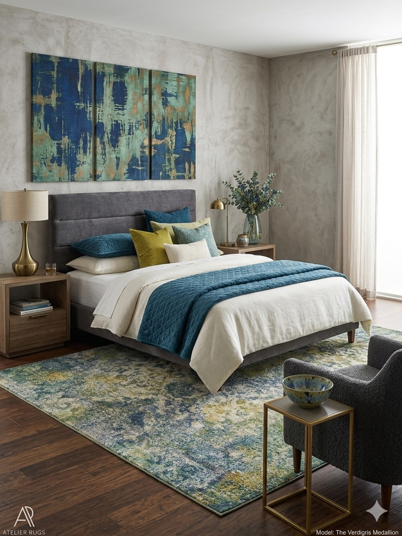 8' x 12' Rectangular Blue & Green Distressed Floral Vintage Washable Area Rug styled in a modern bedroom under a gray upholstered bed.