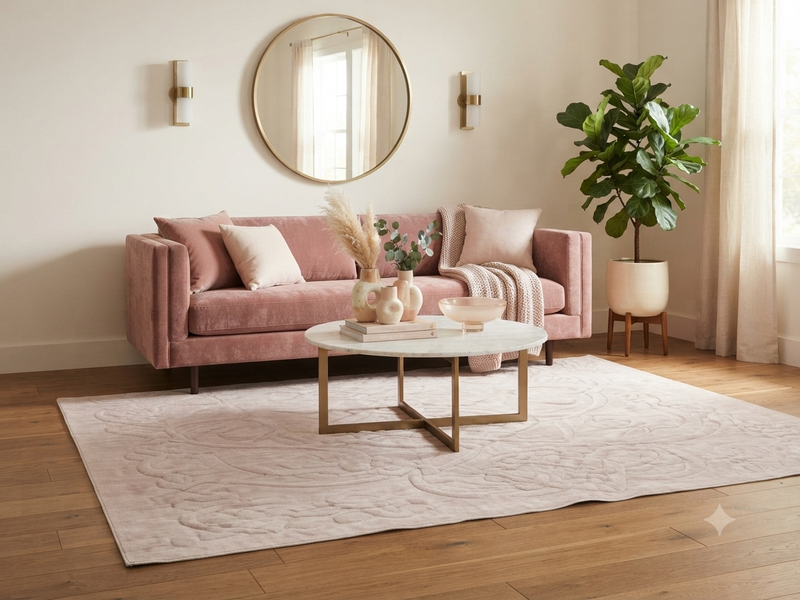8' x 12' Rectangular Blush Pink Ivory Embossed Ornate Geometric Modern Washable Area Rug styled in a cozy living room with a pink sofa, round marble coffee table, and wooden furniture.
