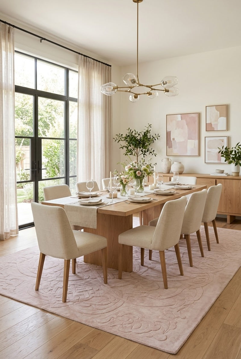 8' x 12' Rectangular Blush Pink Ivory Embossed Ornate Geometric Modern Washable Area Rug styled in an elegant dining room with a wooden table, cream upholstered chairs, and modern chandelier.