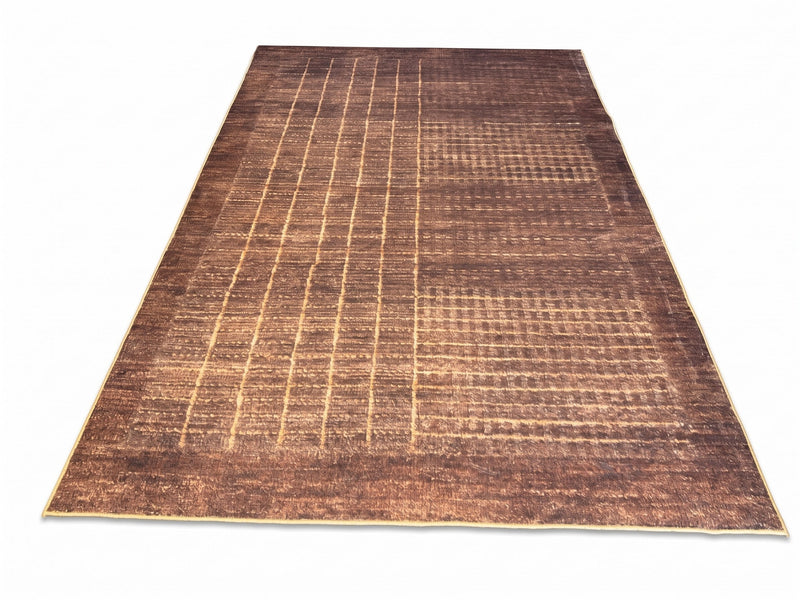 8' x 12' Rectangular Burgundy Brown & Gold Abstract Grid Modern Washable Area Rug featuring distressed gold linear grid patterns across a textured burgundy brown background.