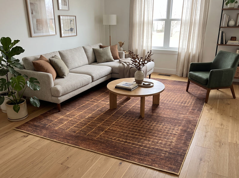 8' x 12' Rectangular Burgundy Brown & Gold Abstract Grid Modern Washable Area Rug styled in a living room with a cream sectional sofa and round wooden coffee table.