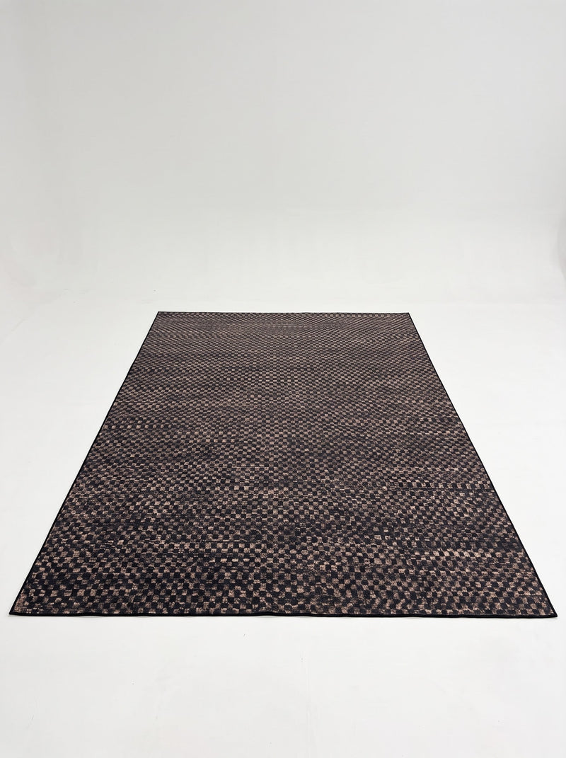8' x 12' Rectangular Charcoal Black & Taupe Checkered Geometric Modern Washable Area Rug featuring a small repeating checkered pattern with a dark border.