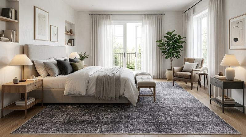 8' x 12' Rectangular Charcoal Gray Light Gray Distressed Abstract Modern Washable Area Rug placed in a cozy modern bedroom with a beige upholstered bed, neutral bedding, wooden nightstands, and a comfortable accent chair.