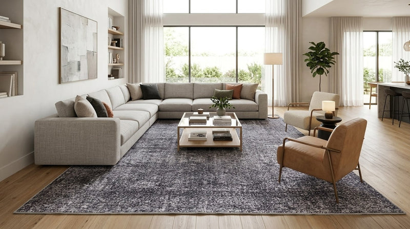 8' x 12' Rectangular Charcoal Gray Light Gray Distressed Abstract Modern Washable Area Rug styled in a bright living room with a light gray sectional sofa, beige accent chairs, modern coffee table, and wooden flooring.