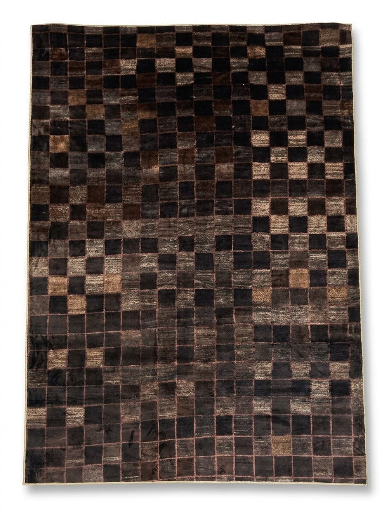8' x 12' Rectangular Dark Brown & Black Checkered Geometric Modern Area Rug displayed on a white background.