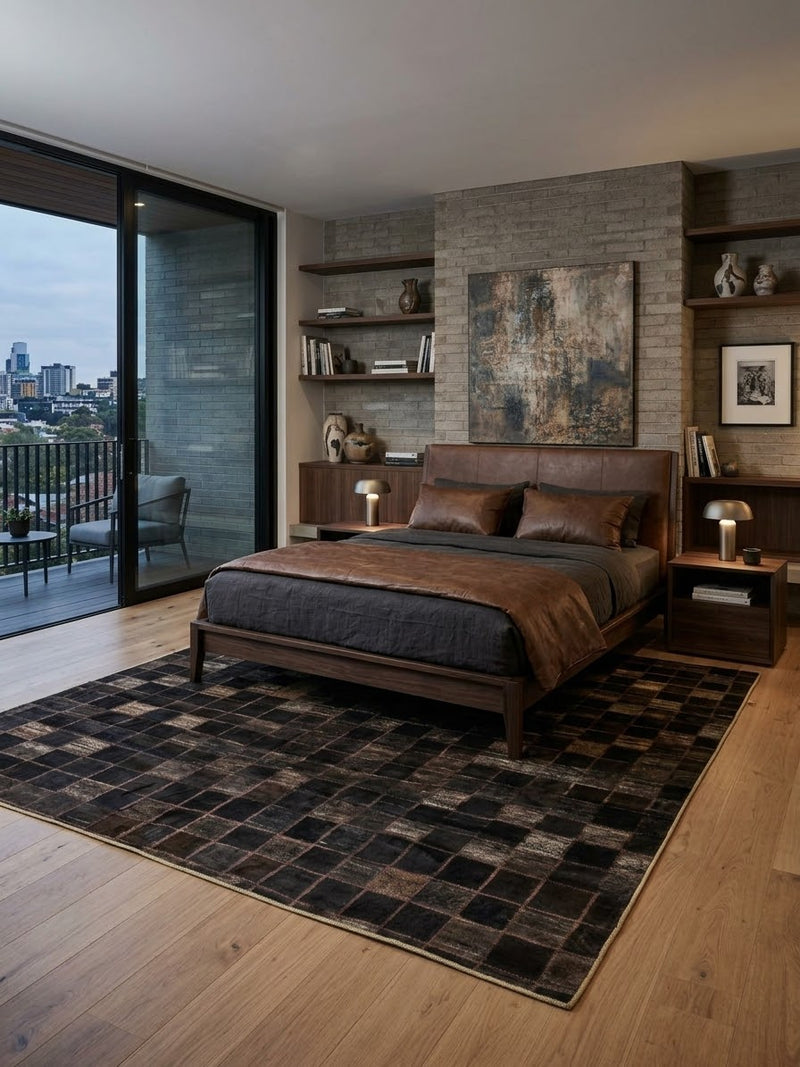 8' x 12' Rectangular Dark Brown Black Checkered Geometric Modern Area Rug placed in a modern bedroom with a brown upholstered bed and dark bedding.