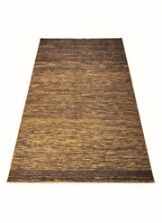 8' x 12' Rectangular Dark Brown & Gold Striped Textured Modern Washable Area Rug featuring fine horizontal gold streaks across a dark brown background.