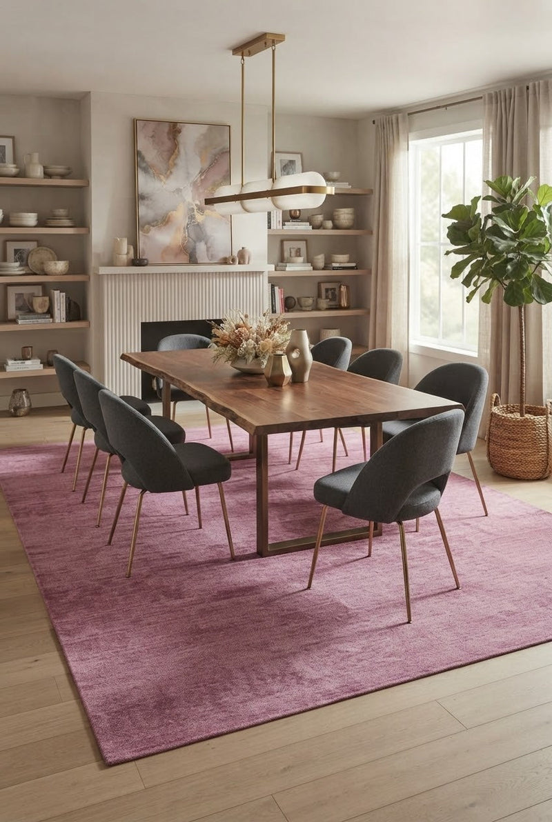 8' x 12' Rectangular Dusty Pink Mauve Solid Textured Modern Washable Area Rug styled in a contemporary dining room with a wooden table and gray chairs.