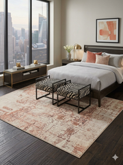 8' x 12' Rectangular Ivory Beige Distressed Abstract Modern Area Rug styled in a bedroom with city view.
