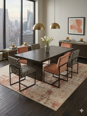 8' x 12' Rectangular Ivory Beige Distressed Abstract Modern Area Rug styled in a dining room.