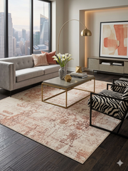 8' x 12' Rectangular Ivory Beige Distressed Abstract Modern Area Rug styled in a living room.