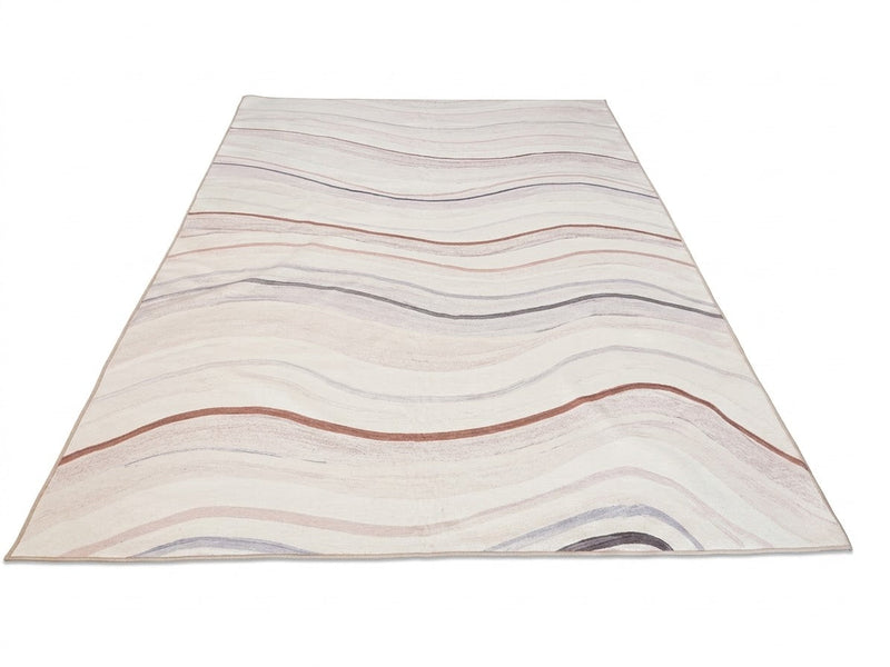 8' x 12' Rectangular Ivory & Blush Pink Wavy Striped Modern Washable Area Rug featuring soft gray and rust flowing lines displayed on a white background.