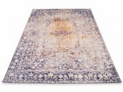 8' x 12' Rectangular Ivory & Lavender Distressed Floral Medallion Vintage Traditional Area Rug featuring a faded gold central medallion and intricate purple floral borders displayed on a white background.