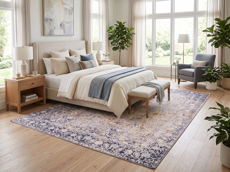 8' x 12' Rectangular Ivory Lavender Gold Distressed Floral Medallion Vintage Traditional Area Rug placed in an elegant bedroom with a cream upholstered bed, blue-gray bedding, wooden nightstands, upholstered bench, and natural greenery.