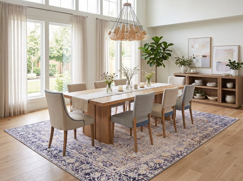 8' x 12' Rectangular Ivory Lavender Gold Distressed Floral Medallion Vintage Traditional Area Rug styled in a spacious dining room with a wooden dining table, cream upholstered chairs, modern pendant chandelier, and large windows.