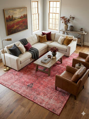 8' x 12' Rectangular Ivory Multicolor Hunting Scene Traditional Persian Washable Area Rug placed in a cozy living room with a cream sectional sofa, brown leather chairs, and wooden coffee table.