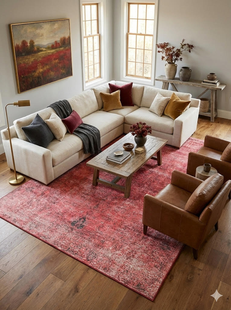 8' x 12' Rectangular Ivory Multicolor Hunting Scene Traditional Persian Washable Area Rug placed in a cozy living room with a cream sectional sofa, brown leather chairs, and wooden coffee table.