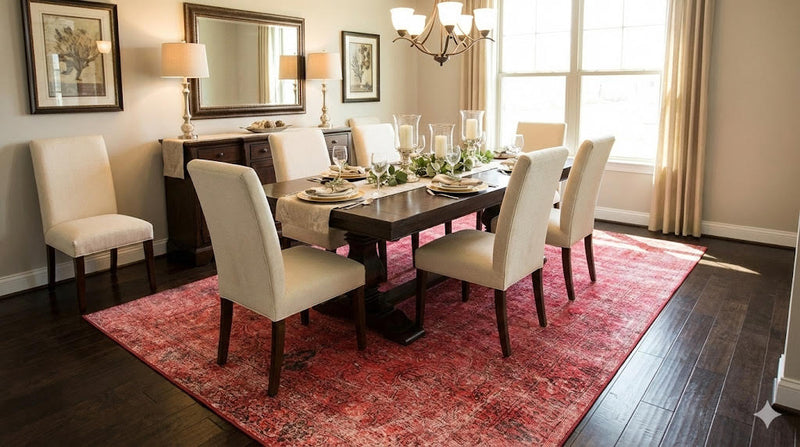 8' x 12' Rectangular Ivory Multicolor Hunting Scene Traditional Persian Washable Area Rug styled in a traditional dining room with a dark wooden table, cream upholstered chairs, and elegant decor.