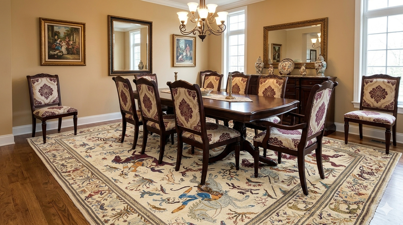 8' x 12' Rectangular Ivory Multicolor Hunting Scene Traditional Persian Washable Area Rug styled in a traditional dining room with a wooden table, upholstered chairs, and elegant decor.