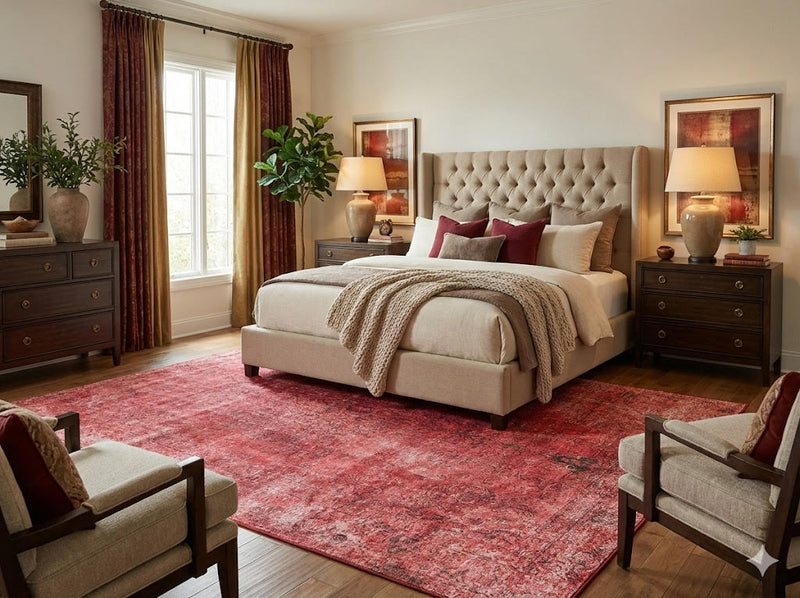 8' x 12' Rectangular Ivory Multicolor Hunting Scene Traditional Persian Washable Area Rug styled in an elegant bedroom with a beige tufted bed, wooden furniture, and burgundy accents.