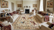8' x 12' Rectangular Ivory Multicolor Hunting Scene Traditional Persian Washable Area Rug styled in an elegant living room with cream sofas, wooden furniture, and traditional decor.