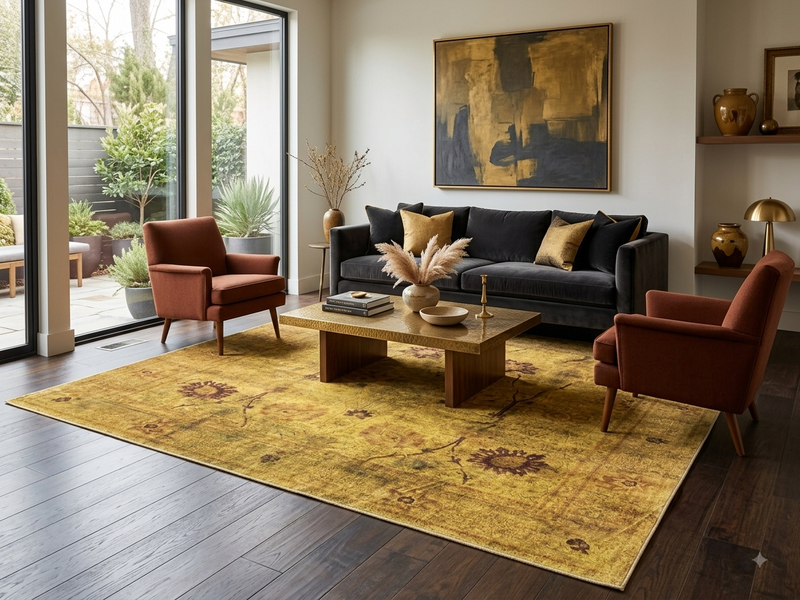 8' x 12' Rectangular Mustard Gold Brown Distressed Floral Vintage Traditional Area Rug styled in a modern living room with a charcoal gray sofa, rust-colored accent chairs, wooden coffee table, and large windows.