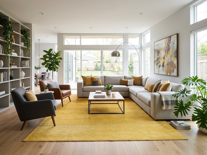 8' x 12' Rectangular Mustard Yellow Gold Ombre Modern Washable Area Rug styled in a bright living room with a gray sectional sofa, accent chairs, and wooden furniture.