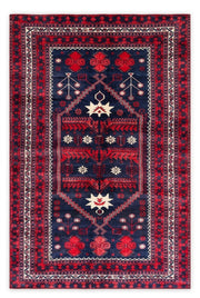 8' x 12' Rectangular Navy Blue & Red Geometric Tribal Medallion Southwestern Traditional Area Rug displayed on a white background.