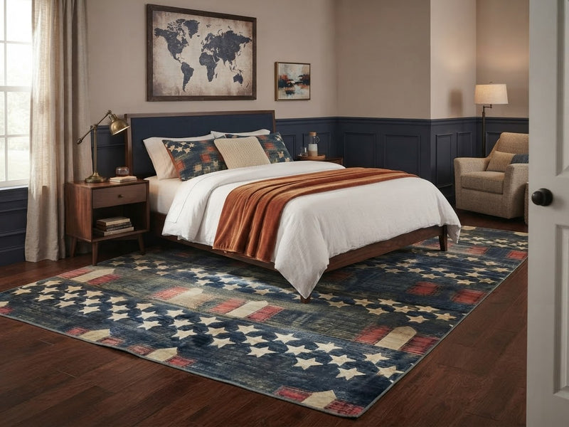 8' x 12' Rectangular Navy Blue Red Stars and Stripes Patriotic Americana Area Rug placed in a cozy bedroom with a navy upholstered bed, white bedding, rust-colored throw blanket, and wooden furniture.