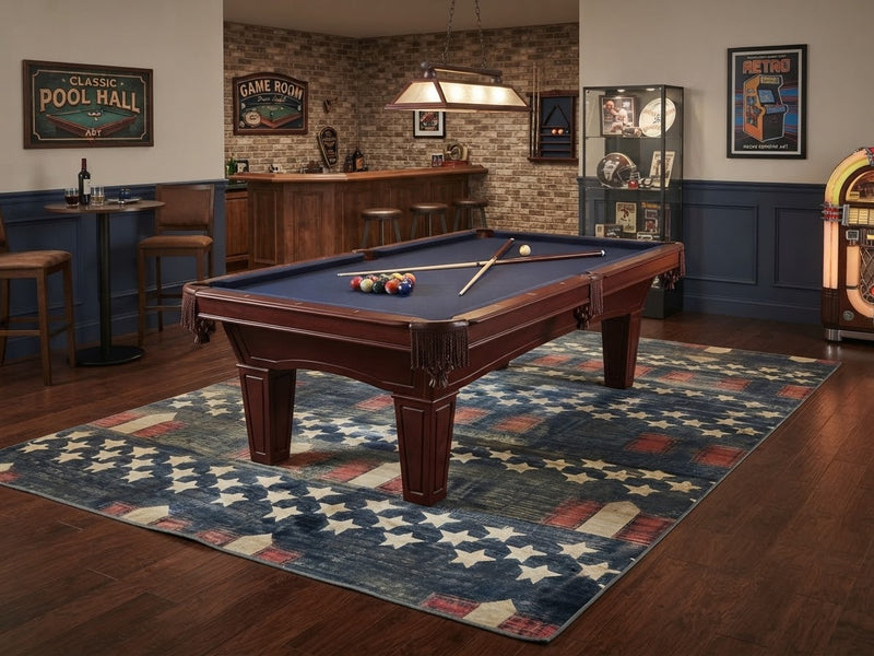 8' x 12' Rectangular Navy Blue Red Stars and Stripes Patriotic Americana Area Rug styled in a rustic game room with a wooden pool table, brick accent wall, vintage arcade decor, and hardwood flooring.
