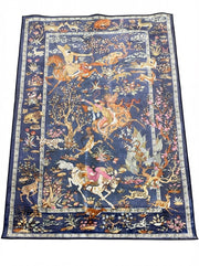 8' x 12' Rectangular Navy Multicolor Pictorial Animal Traditional Area Rug displayed on a white background, showing its colorful hunting scene, animals, and floral border.