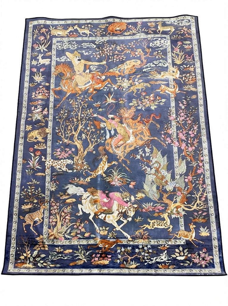 8' x 12' Rectangular Navy Multicolor Pictorial Animal Traditional Area Rug displayed on a white background, showing its colorful hunting scene, animals, and floral border.