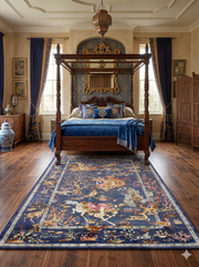 8' x 12' Rectangular Navy Multicolor Pictorial Animal Traditional Area Rug placed in a luxurious bedroom with a carved wooden canopy bed, blue bedding, and traditional decor.