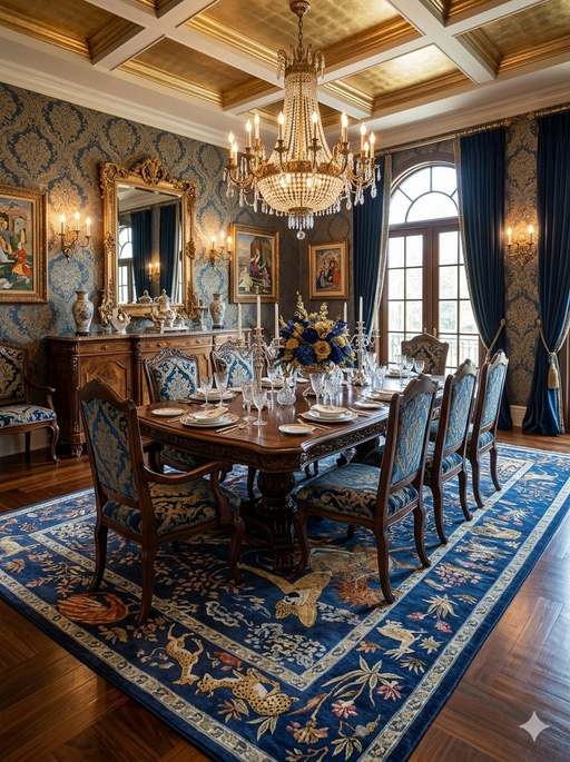 8' x 12' Rectangular Navy Multicolor Pictorial Animal Traditional Area Rug styled in an elegant dining room with a carved wooden table, blue upholstered chairs, and crystal chandelier.