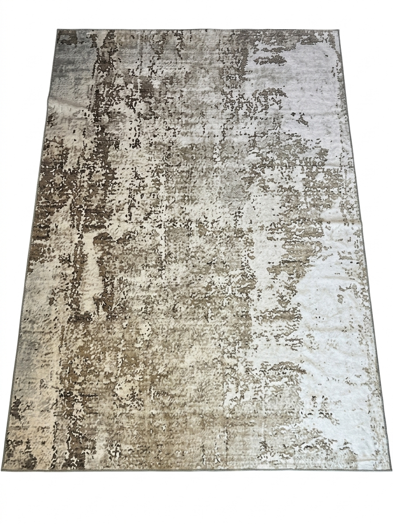8' x 12' Rectangular Olive Green & Cream Distressed Abstract Modern Area Rug isolated on a white background.