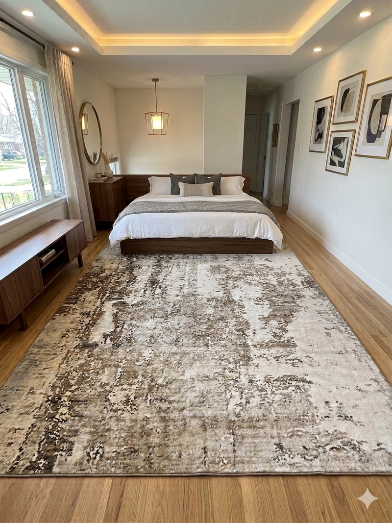 8' x 12' Rectangular Olive Green & Cream Distressed Abstract Modern Area Rug placed in a bedroom with a platform bed, neutral bedding, and natural light from large windows.