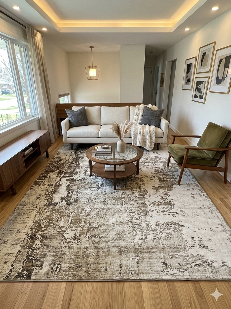 8' x 12' Rectangular Olive Green & Cream Distressed Abstract Modern Area Rug placed in a living room with a sofa, accent chair, and round coffee table.