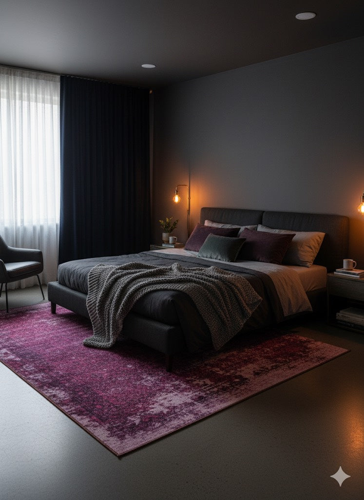 8' x 12' Rectangular Pink & Burgundy Distressed Vintage Area Rug placed in modern bedroom under platform bed.