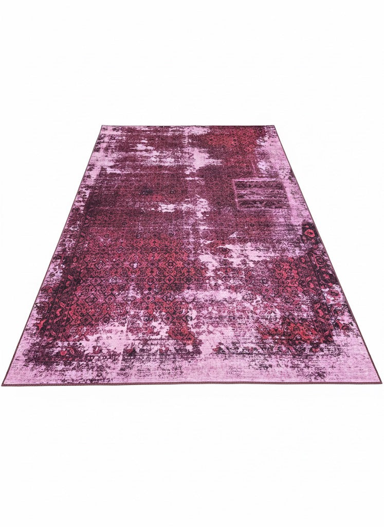 8' x 12' Rectangular Pink & Burgundy Distressed Vintage Area Rug placed on white background product display.
